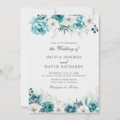 オフホワイトティール（緑がかった色）カスタムフローラ結婚写真 招待状 (正面)