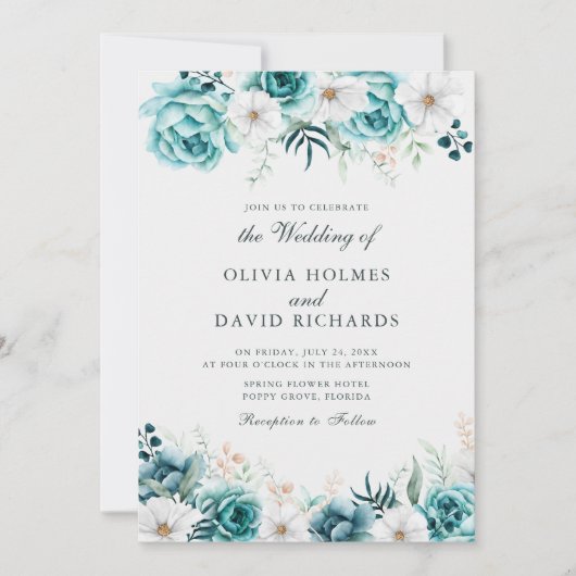オフホワイトティール（緑がかった色）カスタムフローラ結婚写真 招待状 (正面)