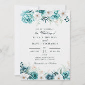 オフホワイトティール（緑がかった色）ワイルドフラワーカップル結婚写真 招待状 (正面)