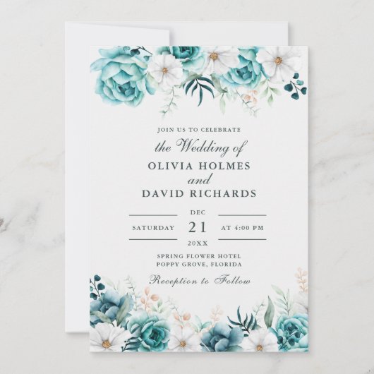オフホワイトティール(緑がかった色)ワイルドフラワーカップル結婚写真 招待状 (正面)