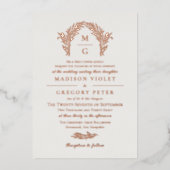 オフホワイトバラ金ゴールドアーチリースモノグラム結婚ズ 箔招待状 (正面)