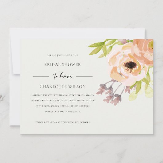 オフホワイト赤面ピンクピーチフローラブライダルシャワー 招待状 (正面)