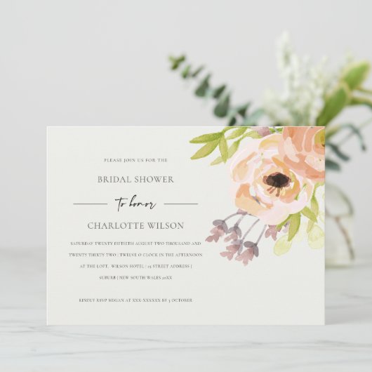オフホワイト赤面ピンクピーチフローラブライダルシャワー 招待状 (スタンド正面)