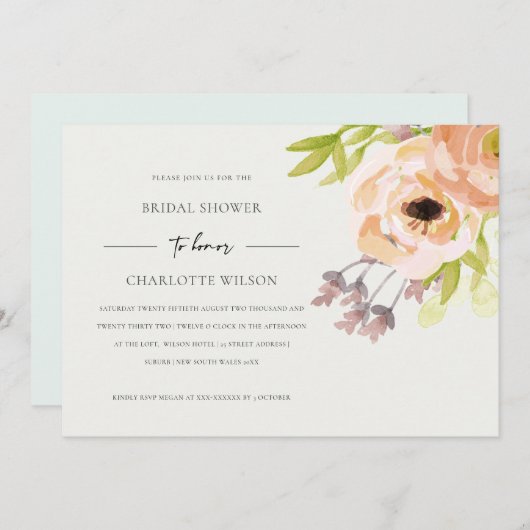 オフホワイト赤面ピンクピーチフローラブライダルシャワー 招待状 (正面/裏面)