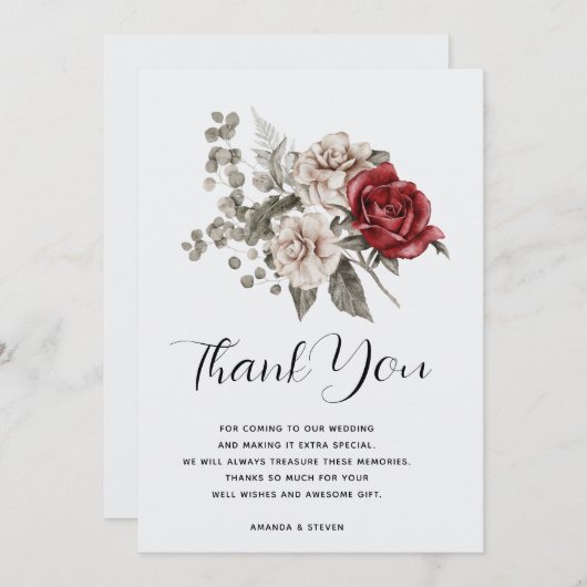 オフホワイト&レッドローゼスフローラブーケありがとう サンキューカード (正面/裏面)
