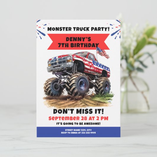 オフロードでモンスタートラックのはっきりした誕生日パーティー 招待状 (スタンド正面)