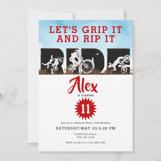 オフロードアドベンチャーダートバイクモトクロス誕生日 招待状 (正面)