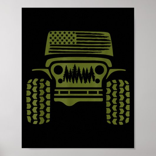 オフロード アメリカ国旗 森林 4x4 アドベンチャー レトロ ポスター (正面)