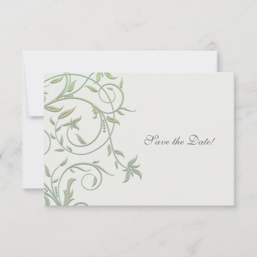 オフ白と緑のつる植物結婚式の日付を保存 セーブザデート (正面)