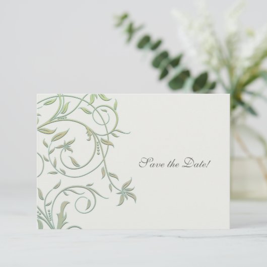 オフ白と緑のつる植物結婚式の日付を保存 セーブザデート (スタンド正面)