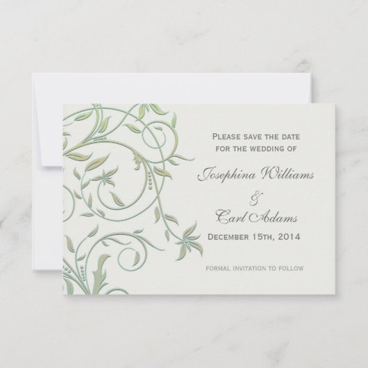 オフ白と緑のつる植物結婚式の日付を保存 セーブザデート (裏面)