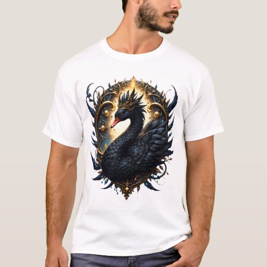 オブシディアンの白鳥、静謐なる優雅さ - ダークファンタジー Tシャツ (正面)