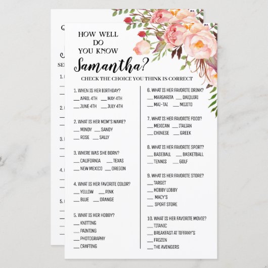 オプションのシャワーゲームで花嫁を知ってどのくらいか (正面/裏面)