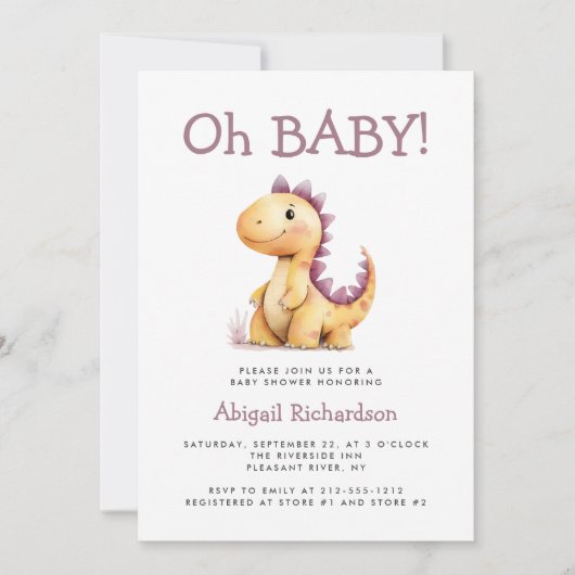 オベビーかわいいオレンジパープル恐竜の赤ちゃんシャワー 招待状 (正面)