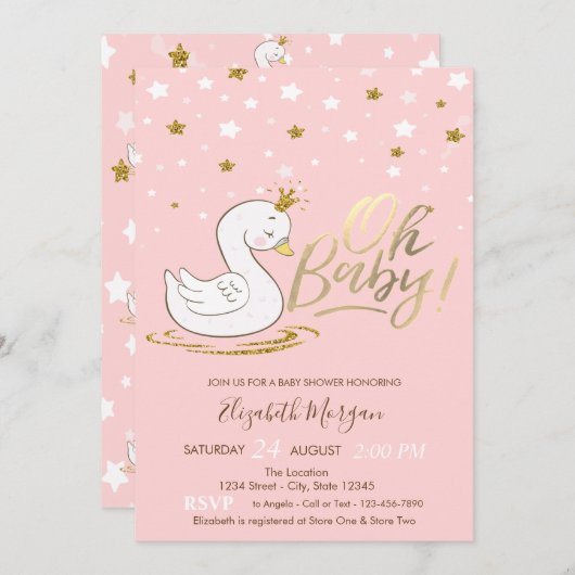 オベビーかわいいベビースワンクラウンスターベビーシャワー 招待状 (正面/裏面)