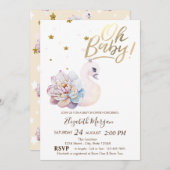 オベビーかわいいベビースワンフラワーベビーシャワー 招待状 (正面/裏面)