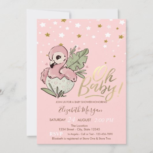 オベビーかわいいベビーピンクフラミンゴスターベビーシャワー 招待状 (正面)