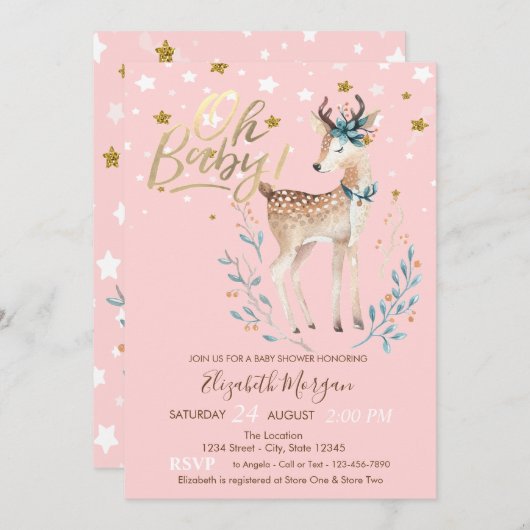 オベビーかわいいベビー鹿スターベビーシャワー 招待状 (正面/裏面)
