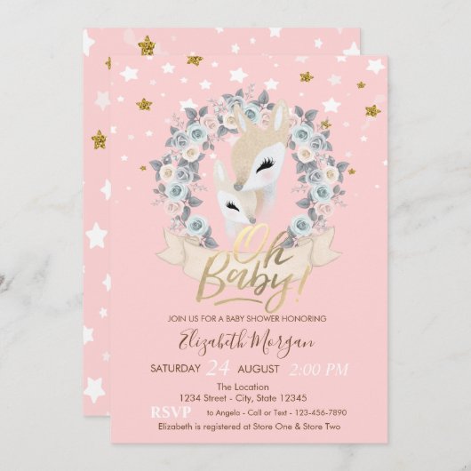 オベビーかわいいベビー鹿金ゴールド星ベビーシャワー 招待状 (正面/裏面)