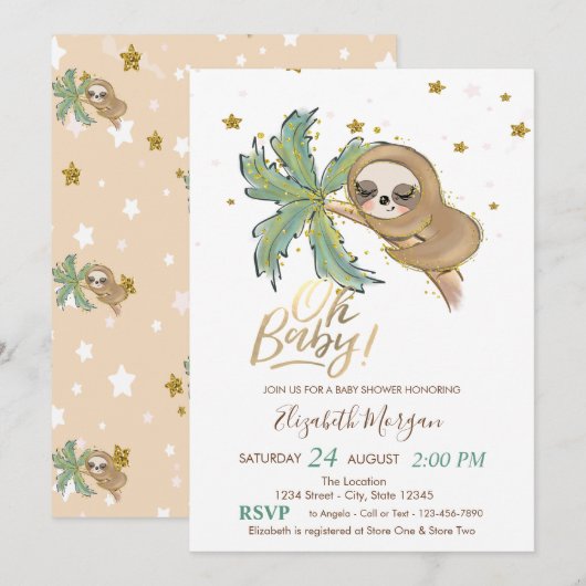 オベビーかわいい眠るナマケモノ赤ちゃんシャワー 招待状 (正面/裏面)