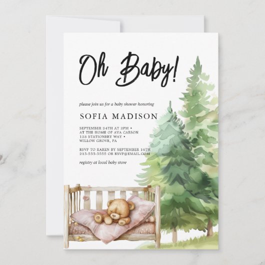 オベビーの水色ウッドランドテディベア赤ちゃんシャワー 招待状 (正面)