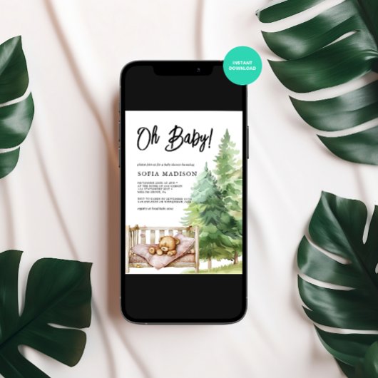 オベビーの水色ウッドランドテディベア赤ちゃんシャワー 招待状