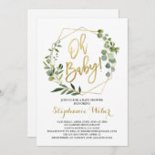オベビーの緑と金ゴールドの赤ちゃんシャワー 招待状 (正面/裏面)
