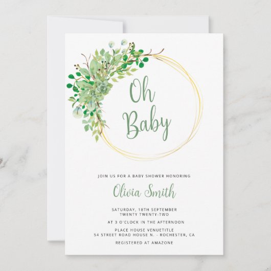 オベビーの緑の金ゴールド男女兼用の赤ちゃんシャワー 招待状 (正面)