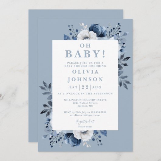 オベビーほこりっぽい青エレガントフローラ赤ちゃん 招待状 (正面/裏面)