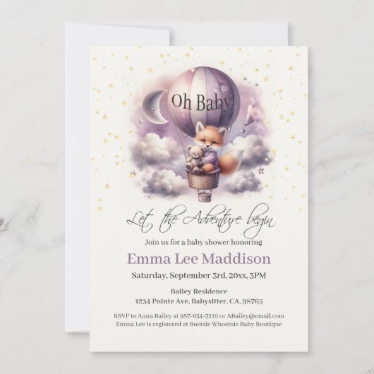 オベビーアドベンチャーホットエアバルーンにキツネを待つ 招待状 (正面)