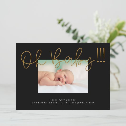 オベビーイエロー金ゴールドフォイルモダンおもしろいファンキーベビー 案内状 (スタンド正面)