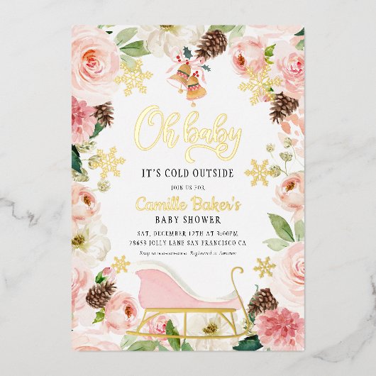 オベビーウィンターガールベビーシャワーピンクとゴールドフォイル 箔招待状 (正面)