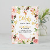 オベビーウィンターガールベビーシャワーピンクとゴールドフォイル 箔招待状 (立ち正面)