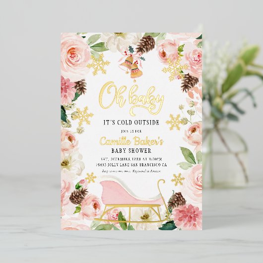 オベビーウィンターガールベビーシャワーピンクとゴールドフォイル 箔招待状 (立ち正面)