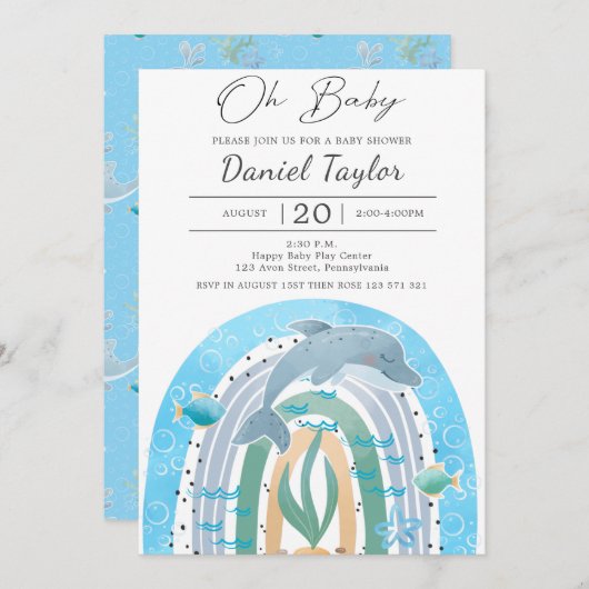 オベビーウオーターカラーイルカベビーベビーシャワー 招待状 (正面/裏面)