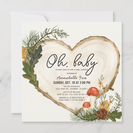 オベビーウッドスライスきのこの秋ベビーシャワー 招待状 (正面)