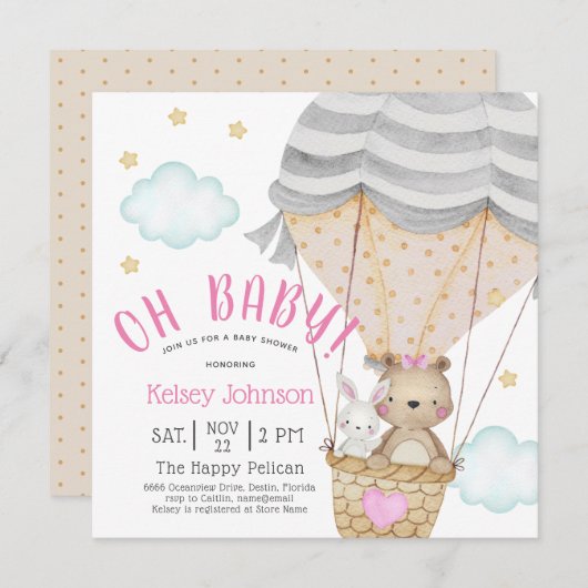 オベビーウッドランドテディベアピンクベビーシャワー 招待状 (正面/裏面)