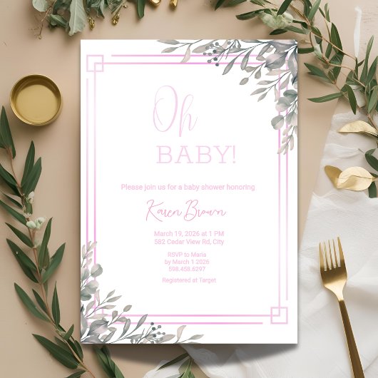 オベビーエレガントの緑とピンクの赤ちゃんシャワー 招待状