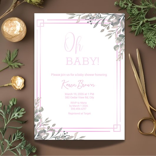 オベビーエレガントの緑とピンクの赤ちゃんシャワー 招待状