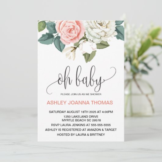 オベビーエレガントサンゴ花赤ちゃんシャワー 招待状 (スタンド正面)