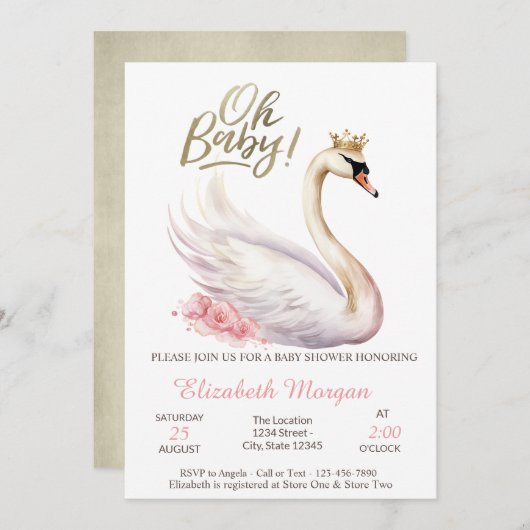 オベビーエレガントスワンクラウンフラワーベビーシャワー 招待状 (正面/裏面)