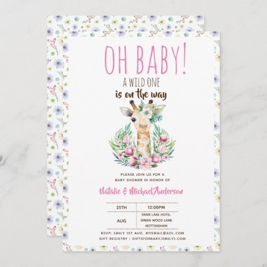 オベビーキラフワイルドワンサファリ動物フローラ 招待状 (正面/裏面)