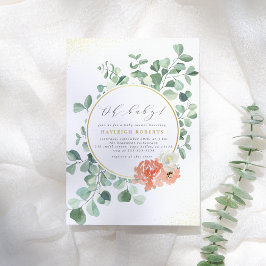 オベビーグリーンリーピンクフローラガールベビーシャワー 招待状