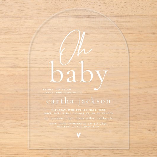 オベビーグルーヴィエレガントタイポグラフィアーチベイビーシャワー アクリル招待状 (正面)
