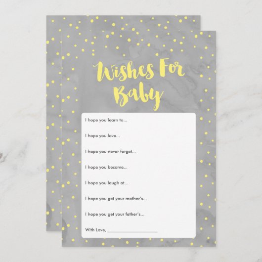 オベビーグレーと黄色の赤ちゃんシャワー希望カード アドバイスカード (正面/裏面)