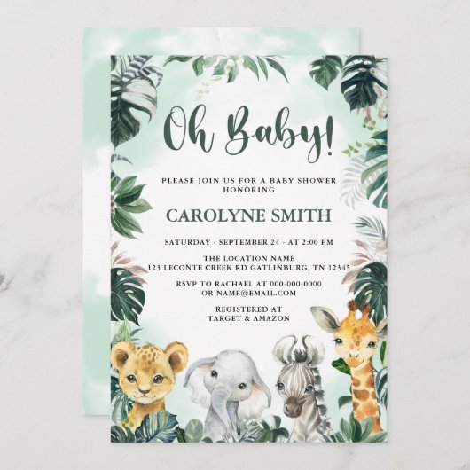 オベビーサファリアニマルズベビーシャワー招待状 招待状 (正面/裏面)