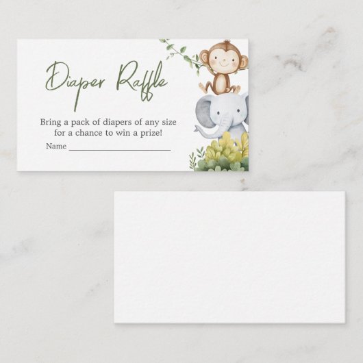 オベビーサファリ動物ベビーシャワーおむつラッフル エンクロージャーカード (正面/裏面)