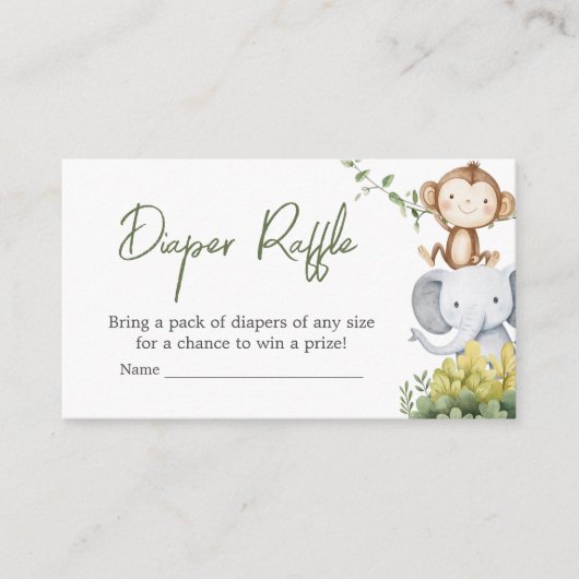 オベビーサファリ動物ベビーシャワーおむつラッフル エンクロージャーカード (正面)