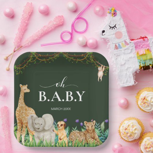 オベビーサファーアニマルジャングルグリーンベイビーシャワー ペーパープレート (パーティー)