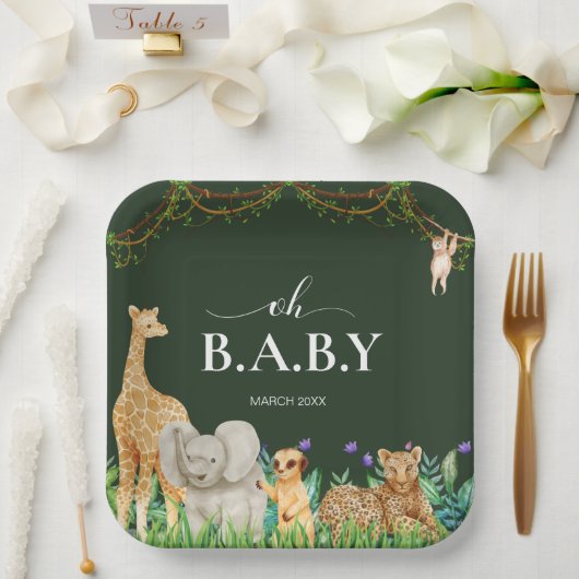 オベビーサファーアニマルジャングルグリーンベイビーシャワー ペーパープレート (ウェディング)